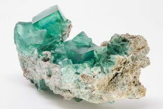 Cubic, Green Zoned Fluorite Crystals on Quartz - China #197168