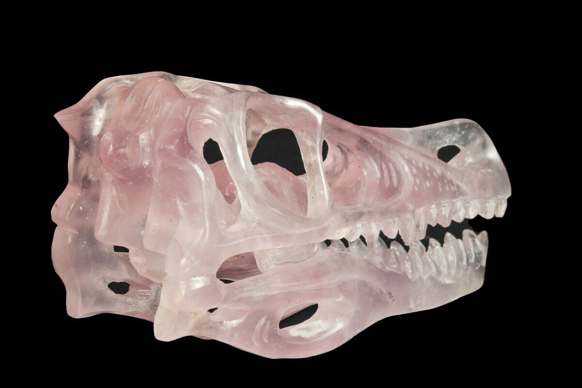 Carved Rose Quartz Dinosaur Skull Roar For Sale