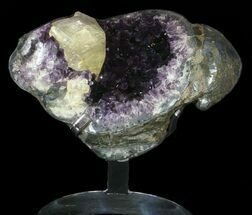 Wide Amethyst Crystal Cluster With Calcite - Metal Stand #63120