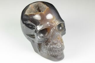 Polished Banded Agate Skull with Quartz Crystal Pocket #190434