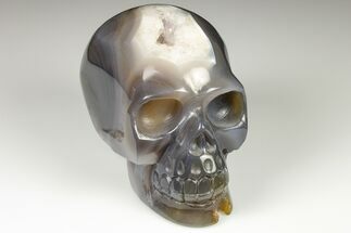 Polished Banded Agate Skull with Quartz Crystal Pocket #190463