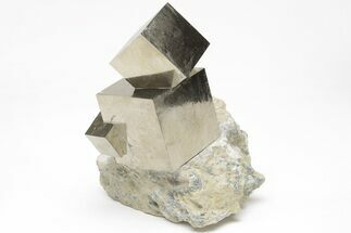 Three, Shiny, Natural Pyrite Cubes in Rock - Navajun, Spain #208961
