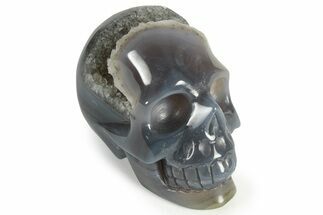 Polished Banded Agate Skull with Quartz Crystal Pocket #236993