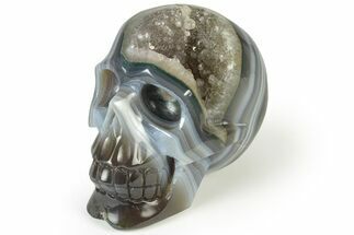 Polished Banded Agate Skull with Quartz Crystal Pocket #237046
