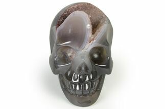 Polished Banded Agate Skull with Quartz Crystal Pocket #237047
