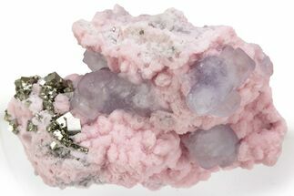 Cubic Pyrite and Purple Fluorite on Rhodochrosite - Peru #240653