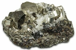 Quartz Crystals on Striated Cubic Pyrite - Peru #347581