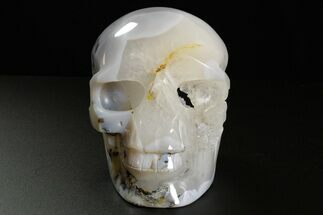 Realistic Polished Banded Agate Skull with Quartz Crystal Pocket #378651